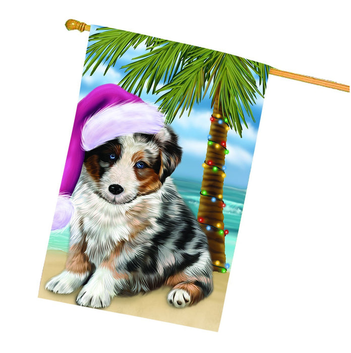 Summertime Happy Holidays Christmas Australian Shepherd Dog on Tropical Island Beach House Flag