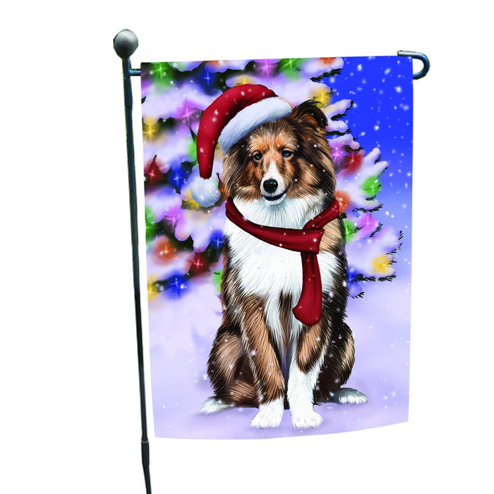Winterland Wonderland Shetland Dog In Christmas Holiday Scenic Background Garden Flag