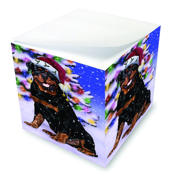 Winterland Wonderland Rottweiler Dog In Christmas Holiday Scenic Background Note Cube D674