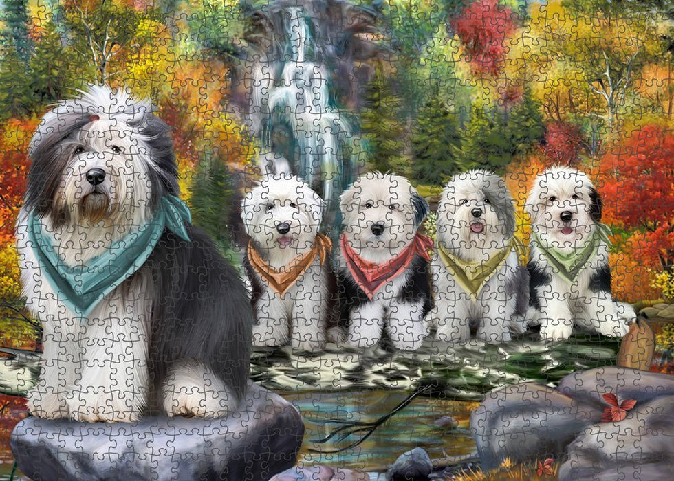 Scenic Waterfall Old English Sheepdogs Puzzle with Photo Tin PUZL52260