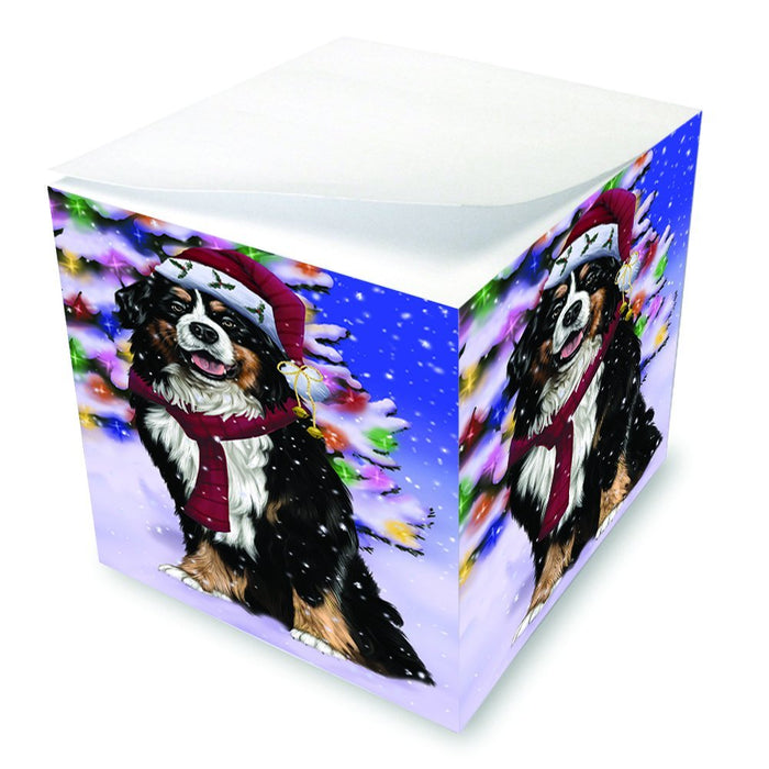 Winterland Wonderland Bernese Mountain Dog In Christmas Holiday Scenic Background Note Cube D642