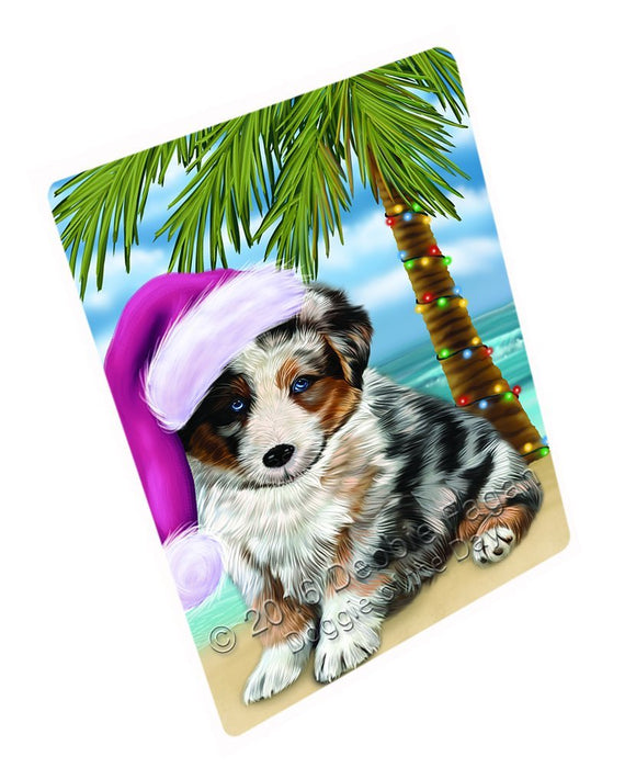 Summertime Happy Holidays Christmas Australian Shepherd Dog on Tropical Island Beach Tempered Cutting Board (Small)