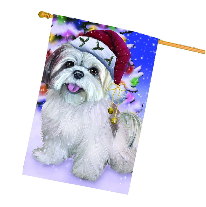 Winterland Wonderland Lhasa Apso Dog In Christmas Holiday Scenic Background House Flag