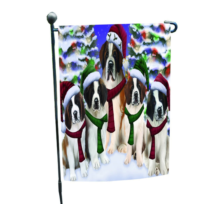 Saint Bernard Dog Christmas Family Portrait in Holiday Scenic Background Garden Flag
