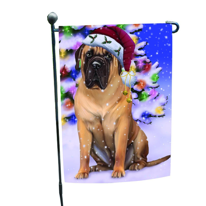 Winterland Wonderland Bullmastiff Dog In Christmas Holiday Scenic Background Garden Flag