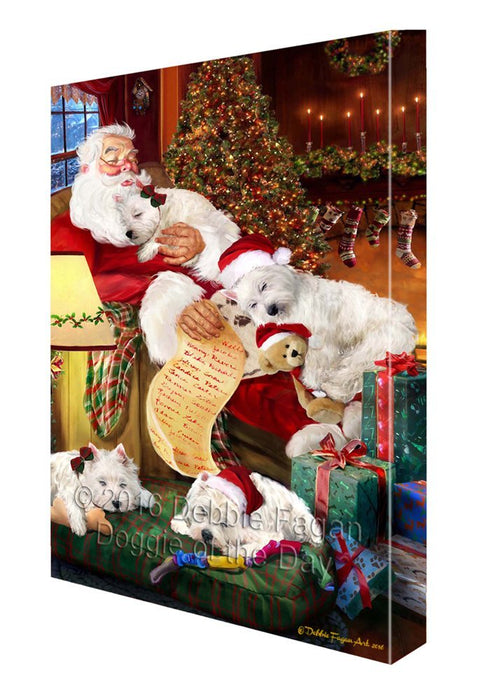 Westies Dog and Puppies Sleeping with Santa Painting Printed on Canvas Wall Art