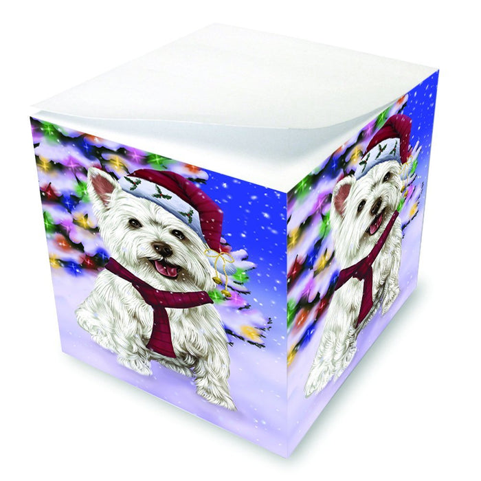 Winterland Wonderland West Highland Terriers Dog In Christmas Holiday Scenic Background Note Cube D682
