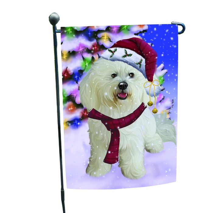 Winterland Wonderland Bichon Dog In Christmas Holiday Scenic Background Garden Flag