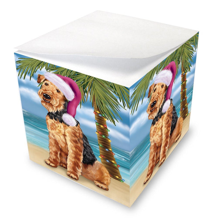 Summertime Happy Holidays Christmas Airedale Dog on Tropical Island Beach Note Cube D487