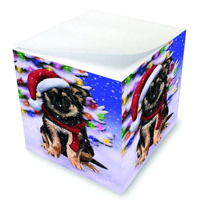 Winterland Wonderland German Shepherds Puppy Dog In Christmas Holiday Scenic Background Note Cube D660