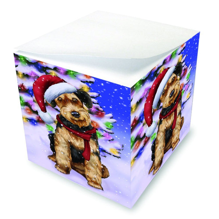 Winterland Wonderland Airedales Dog In Christmas Holiday Scenic Background Note Cube D628