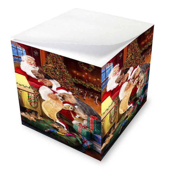 Yokshire Terrier Dog and Puppies Sleeping with Santa Note Cube