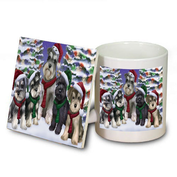 Schnauzers Dog Christmas Family Portrait in Holiday Scenic Background Mug and Coaster Set