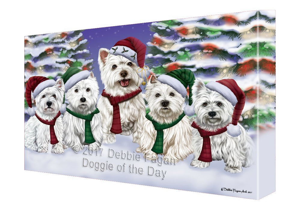 West Highland Terriers Dog Christmas Family Portrait in Holiday Scenic Background Canvas Wall Art