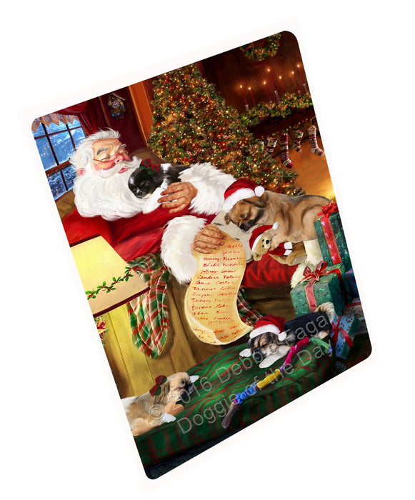 Tibetan Spaniel Dog and Puppies Sleeping with Santa Tempered Cutting Board (Small)