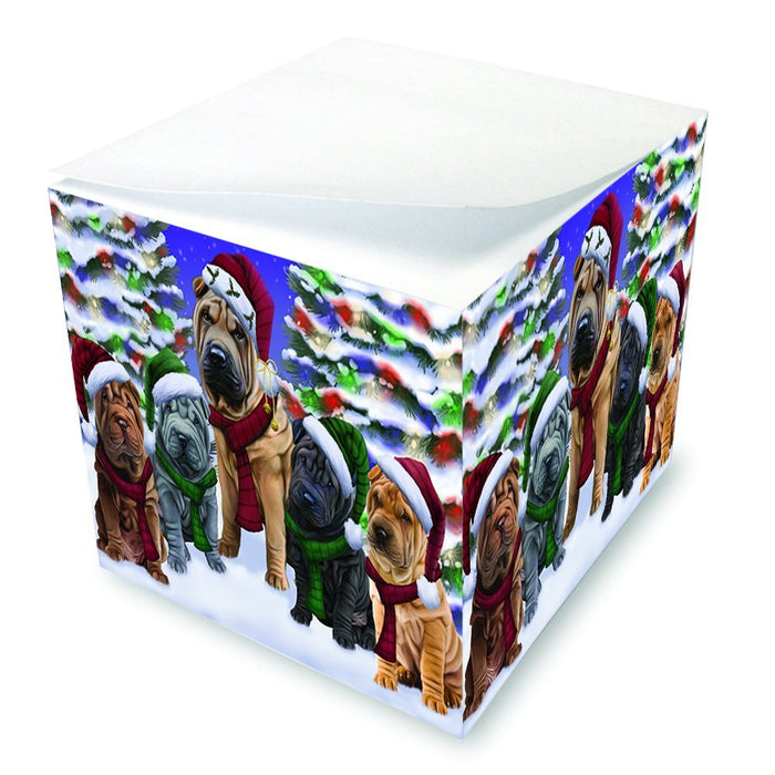 Shar Pei Dog Christmas Family Portrait in Holiday Scenic Background Note Cube D169