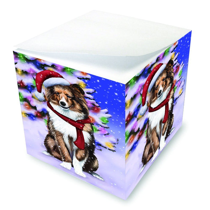 Winterland Wonderland Shetland Dog In Christmas Holiday Scenic Background Note Cube D679