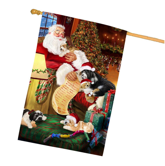 Tibetan Terrier Dog and Puppies Sleeping with Santa House Flag