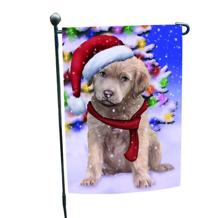 Winterland Wonderland Chesapeake Bay Retriever Dog In Christmas Holiday Scenic Background Garden Flag