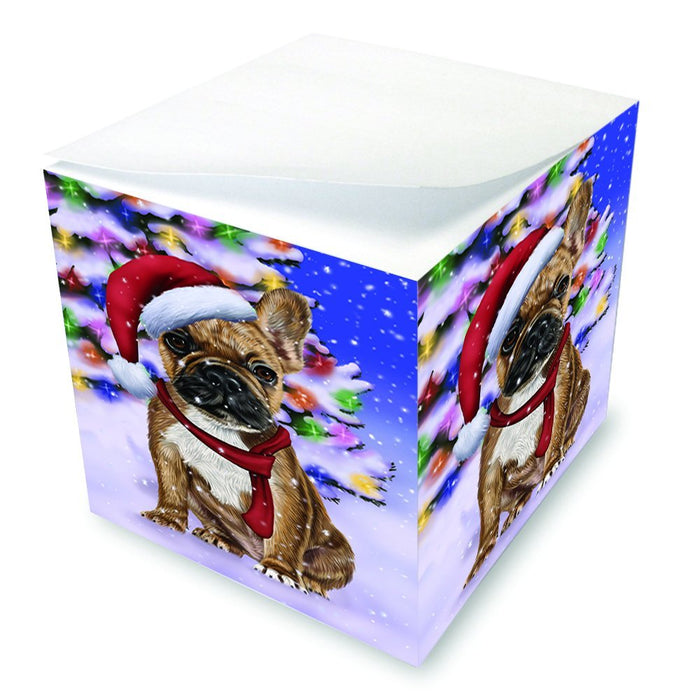 Winterland Wonderland French Bulldogs Dog In Christmas Holiday Scenic Background Note Cube D658