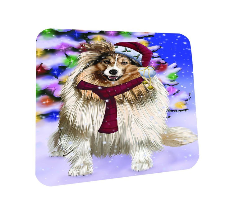 Winterland Wonderland Shetland Dog In Christmas Holiday Scenic Background Coasters Set of 4