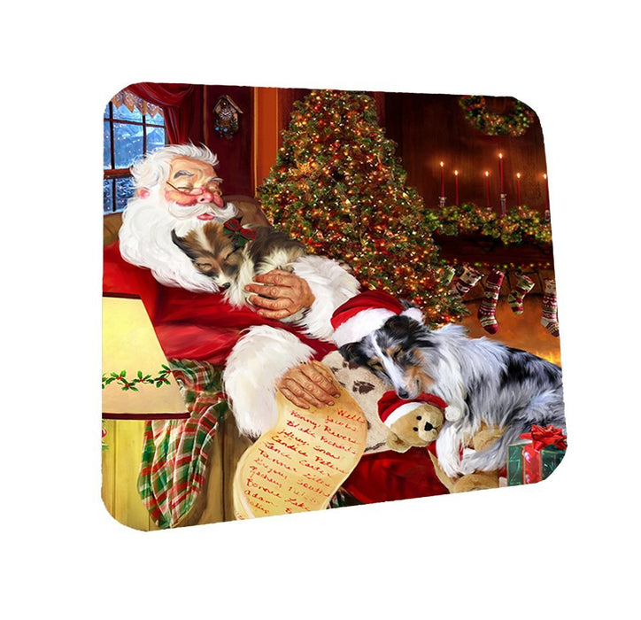Sheltie Dog and Puppies Sleeping with Santa Coasters Set of 4