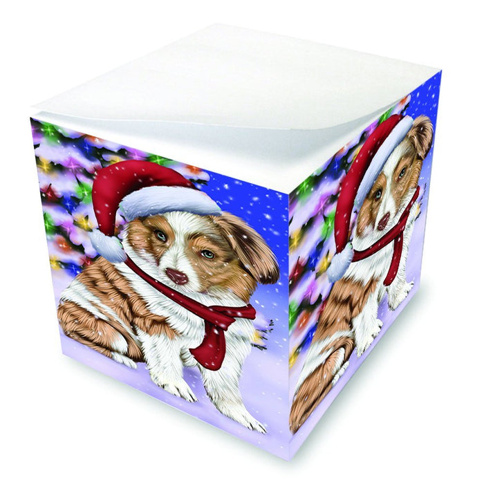 Winterland Wonderland Australian Shepherds Dog In Christmas Holiday Scenic Background Note Cube D634