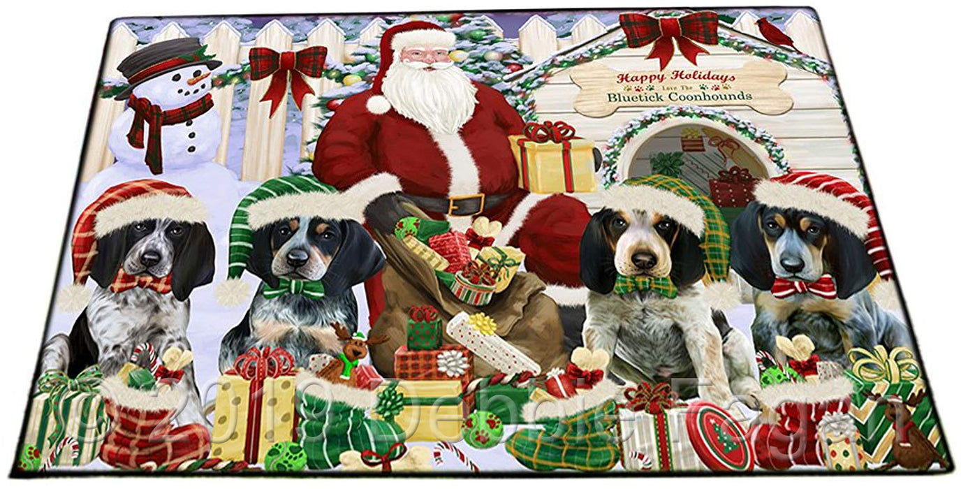 Happy Holidays Christmas Bluetick Coonhounds Dog House Gathering Floormat FLMS51057