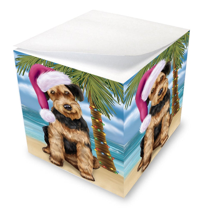 Summertime Happy Holidays Christmas Airedale Dog on Tropical Island Beach Note Cube D488