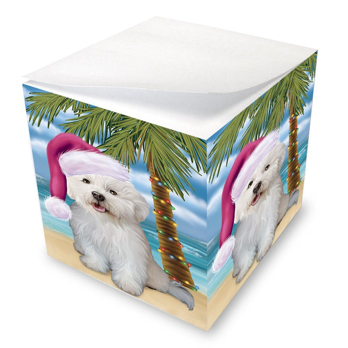 Summertime Happy Holidays Christmas Bichon Frise Dog on Tropical Island Beach Note Cube D504