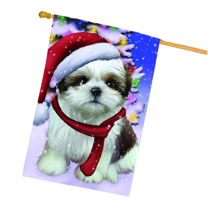 Winterland Wonderland Shih Tzu Dog In Christmas Holiday Scenic Background House Flag