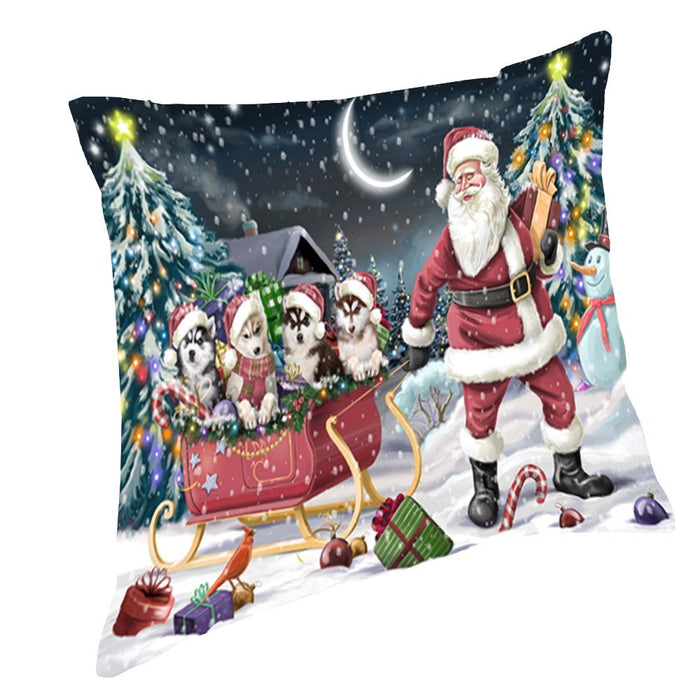 Santa Sled Dogs Christmas Happy Holidays Husky Throw Pillow PIL1240