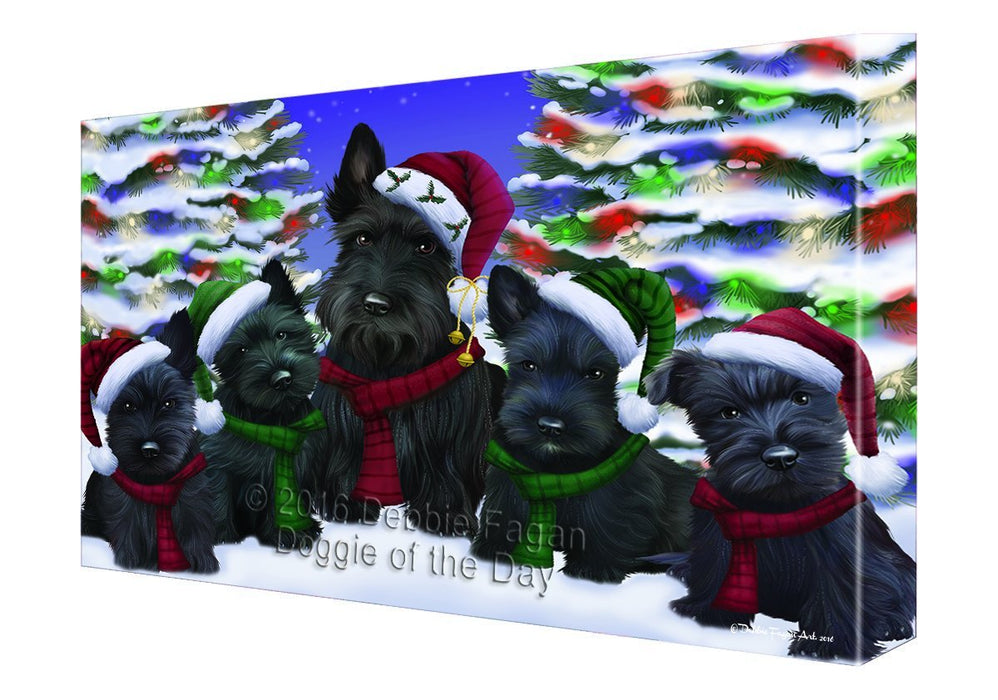 Scottish Terrier Dog Christmas Family Portrait in Holiday Scenic Background Canvas Wall Art