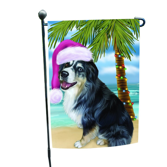 Summertime Happy Holidays Christmas Australian Shepherd Dog on Tropical Island Beach Garden Flag