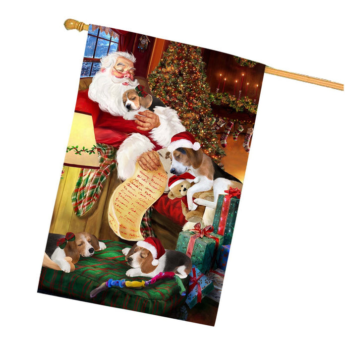 Treeing Walker Coonhound Dog and Puppies Sleeping with Santa House Flag