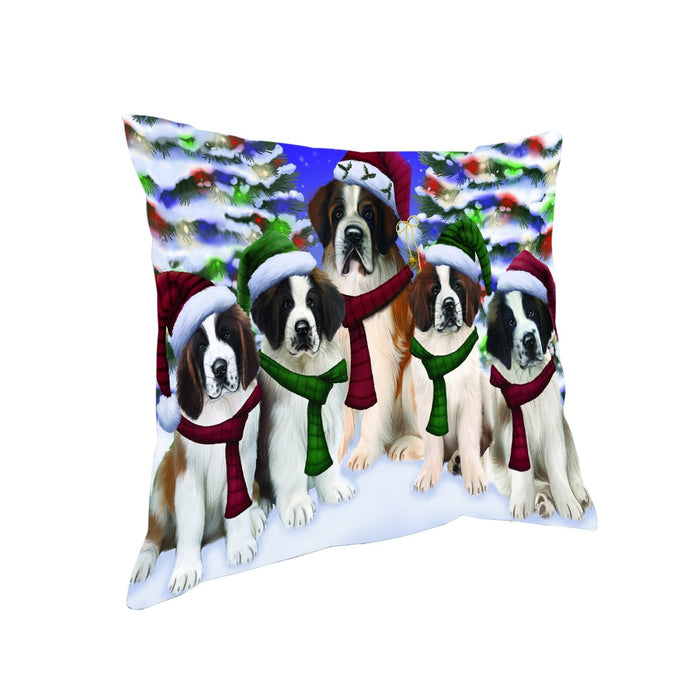 Saint Bernard Dog Christmas Family Portrait in Holiday Scenic Background Throw Pillow