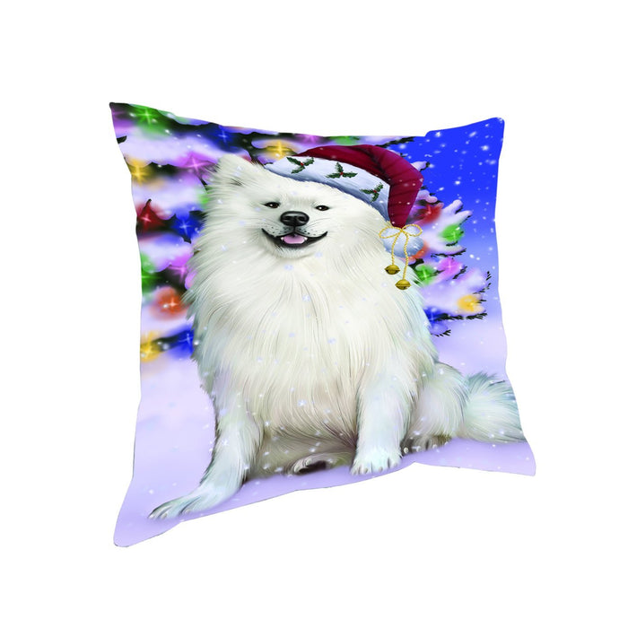 Winterland Wonderland American Eskimo Dog In Christmas Holiday Scenic Background Throw Pillow