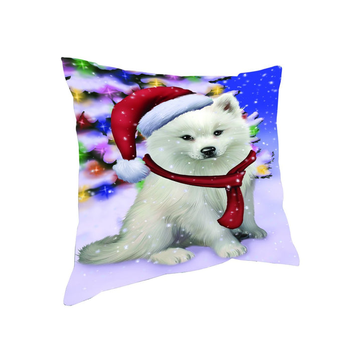 Winterland Wonderland American Eskimo Dog In Christmas Holiday Scenic Background Throw Pillow