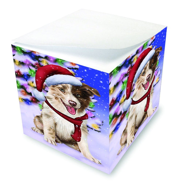 Winterland Wonderland Border Collies Dog In Christmas Holiday Scenic Background Note Cube D646