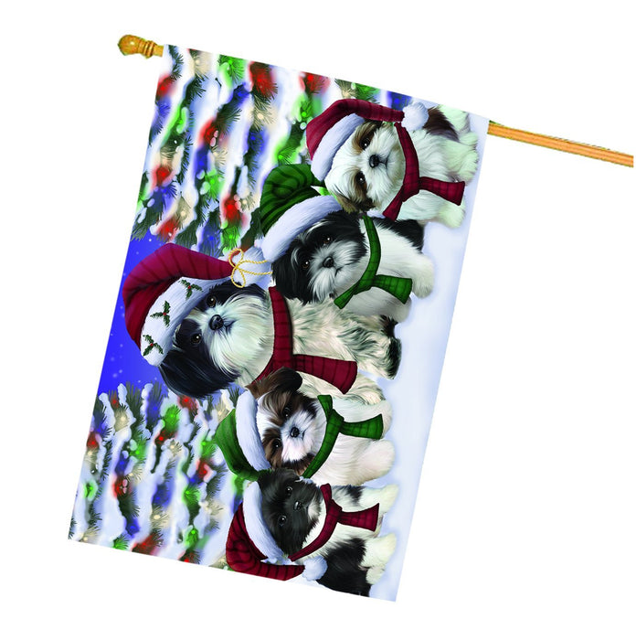 Shih Tzu Dog Christmas Family Portrait in Holiday Scenic Background House Flag