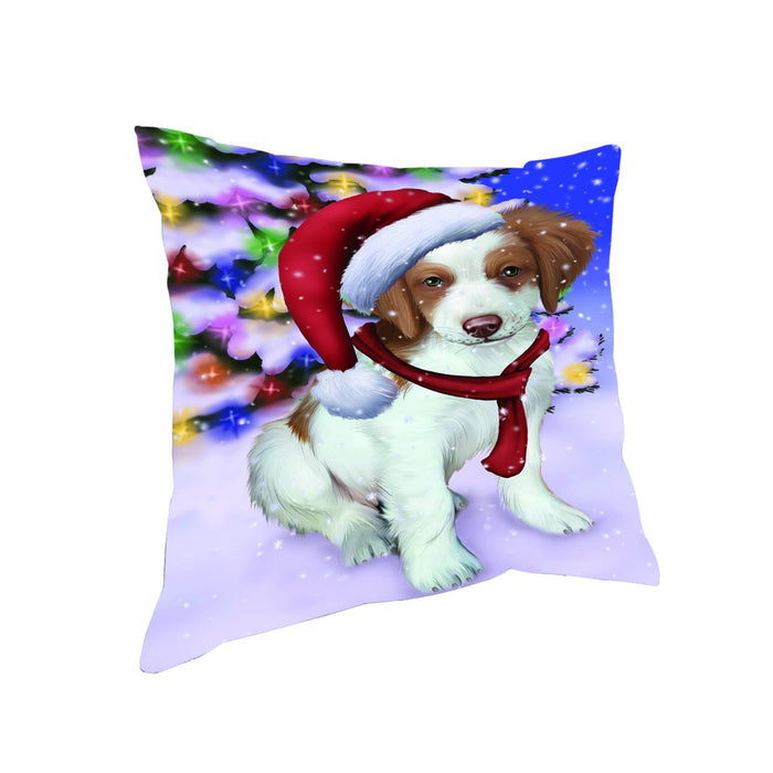 Winterland Wonderland Brittany Spaniel Dog In Christmas Holiday Scenic Background Throw Pillow