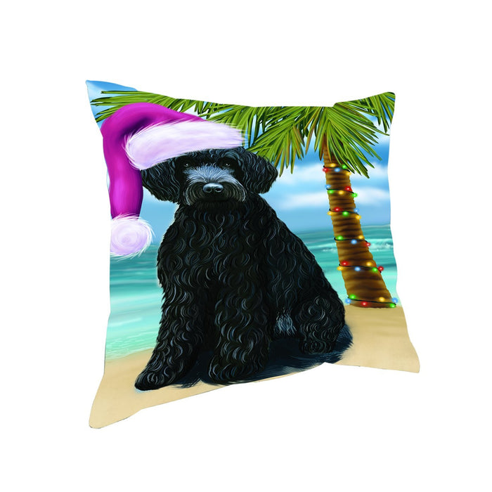 Summertime Happy Holidays Christmas Barbets Dog on Tropical Island Beach Throw Pillow
