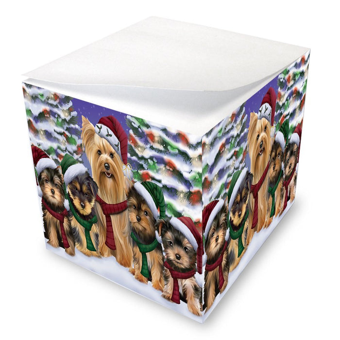 Yorkshire Terriers Dog Christmas Family Portrait in Holiday Scenic Background Note Cube D146