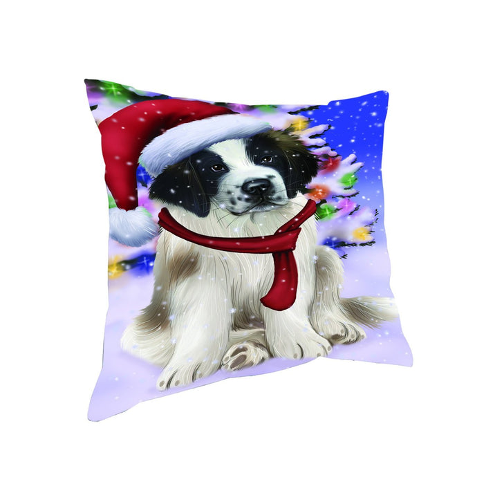 Winterland Wonderland Saint Bernard Dog In Christmas Holiday Scenic Background Throw Pillow