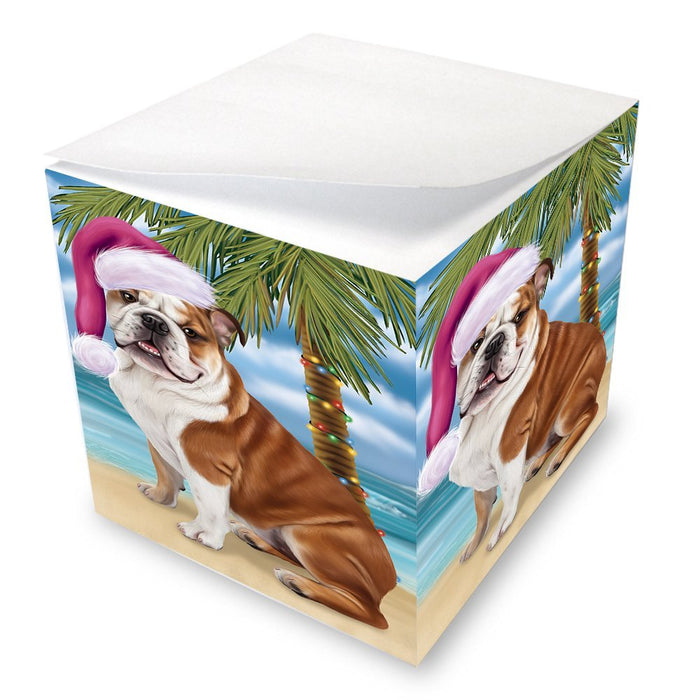 Summertime Happy Holidays Christmas Bulldog Dog on Tropical Island Beach Note Cube D515