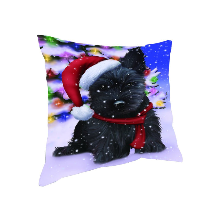 Winterland Wonderland Scottish Terrier Dog In Christmas Holiday Scenic Background Throw Pillow