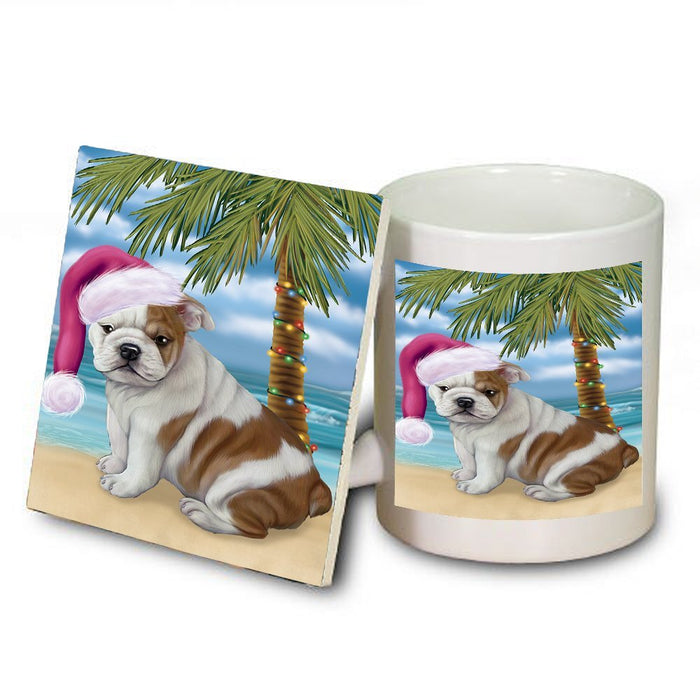 Summertime Happy Holidays Christmas Bulldog Dog on Tropical Island Beach Mug and Coaster Set