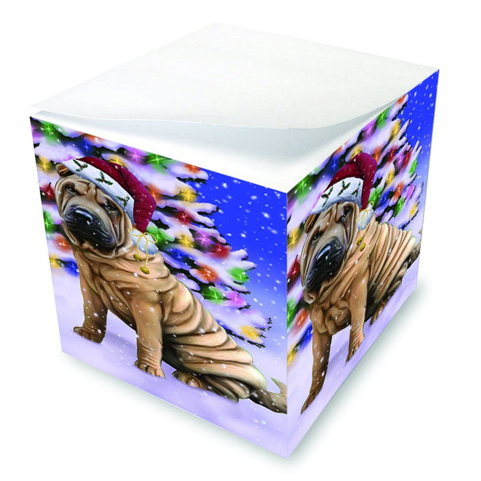Winterland Wonderland Shar Pei Dog In Christmas Holiday Scenic Background Note Cube D677
