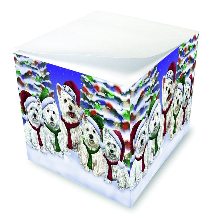 West Highland Terriers Dog Christmas Family Portrait in Holiday Scenic Background Note Cube D172
