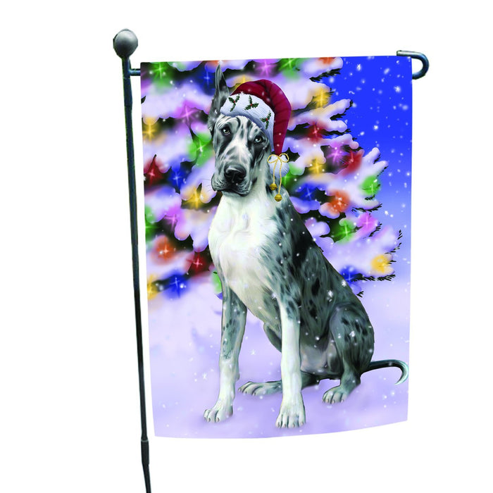 Winterland Wonderland Great Dane Dog In Christmas Holiday Scenic Background Garden Flag